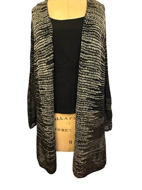 Eileen Fisher Black and Cream Marled Open-Front Cardigan
